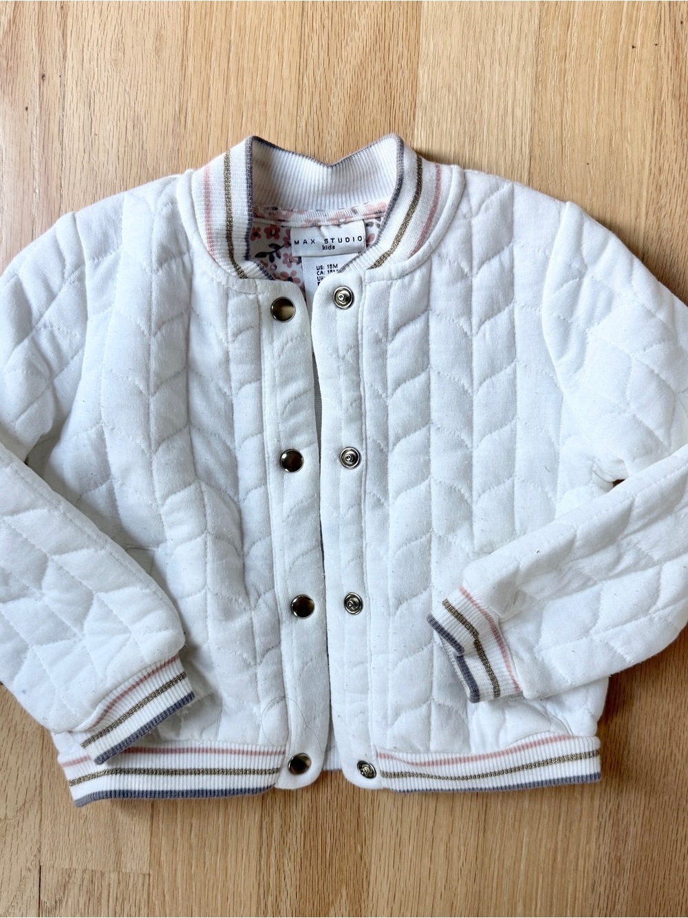 Max Studio Kids White Quilted Snap Close Bomber with Stripe Trim, sz 18m